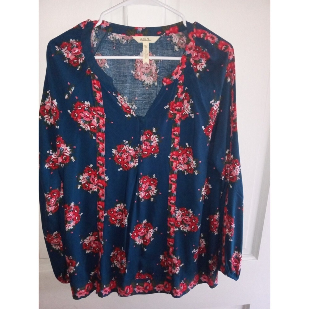 Matilda Jane Womens Blue Floral Rayon Blouse Split V-Neck Long Sleeve Top Size M